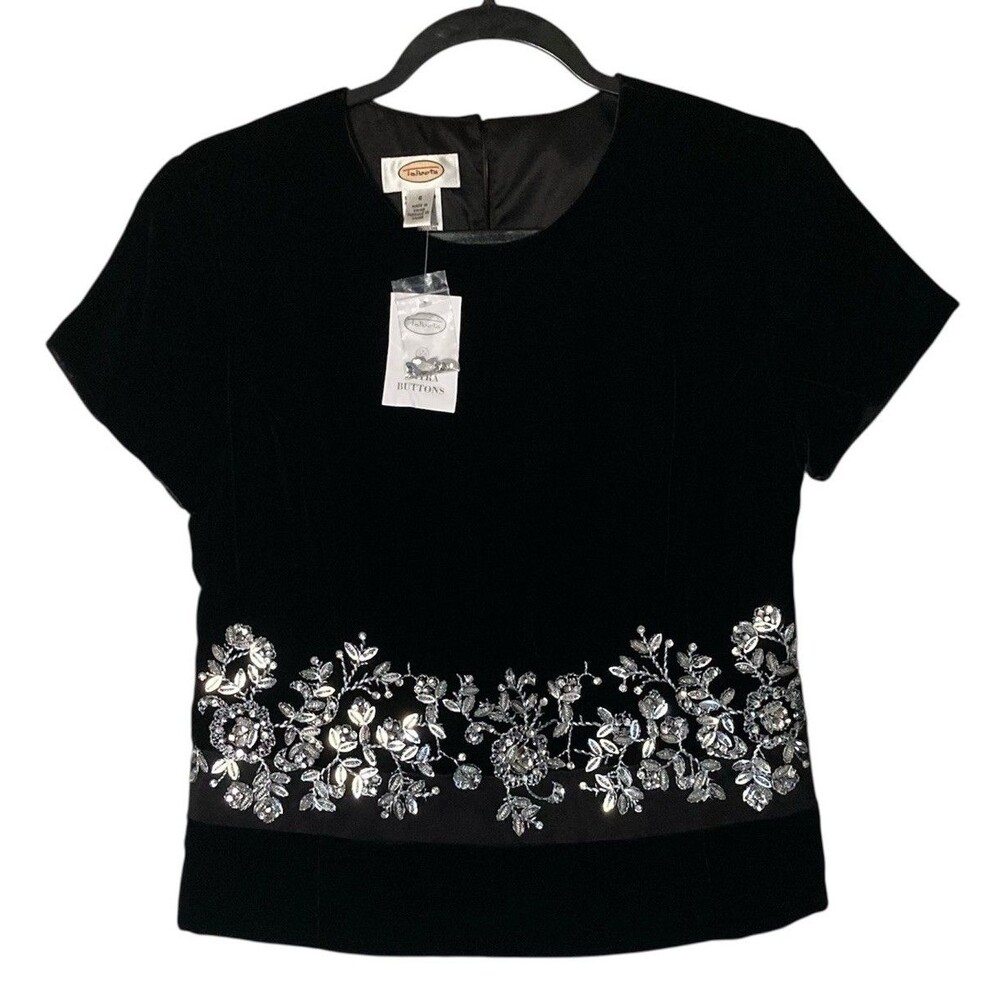 Talbots Womens Black Velvet Silk Blouse Top 6 Small  Rhinestones Evening Formal